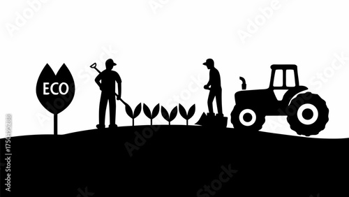 Eco-friendly agriculture scene with farmers planting crops and tractor in field, promoting sustainable farming