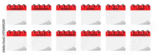 12 month calendar icon set with spiral binding | Red header flipping page of calendar with black font and space for note