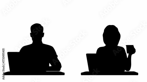 Dynamic duo working remotely on laptops, enjoying a productive day with a fresh cup of coffee, professional silhouettes