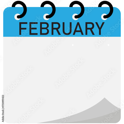Month calendar | February month on calendar | Modern monthly calendar with free space for text and blue header | Note of month February with spiral binding | Flipping calendar page