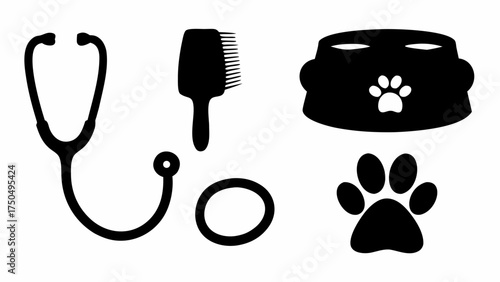 Veterinary tools, pet grooming brush, and food bowl symbolizing complete animal care needs in simple design
