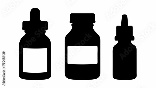 Elegant black silhouettes of medicine bottles for pharmaceutical branding with clean label space available design