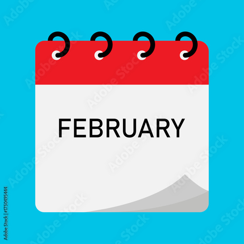 Month calendar | February month on calendar | Modern monthly calendar with free space for text and red header | Note of month with spiral binding on blue background | Flipping calendar page