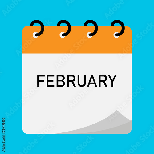 Month calendar | February month on calendar | Modern monthly calendar with free space for text and orange header | Note of month with spiral binding on blue background | Flipping calendar page