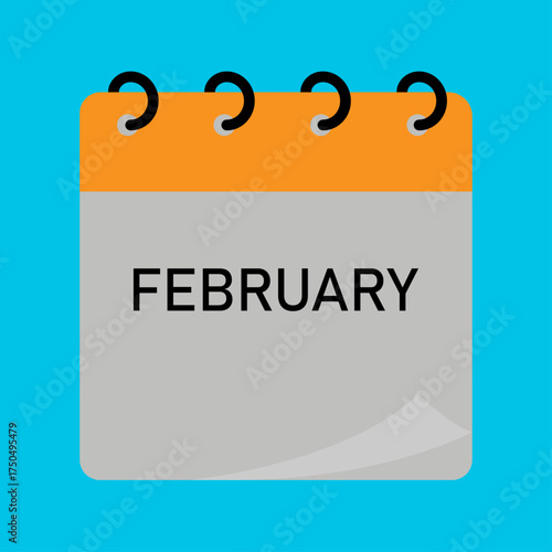 Month calendar | February month on calendar | Modern monthly calendar with free space for text and orange header | Note of month with spiral binding on blue, gray background | Flipping calendar page