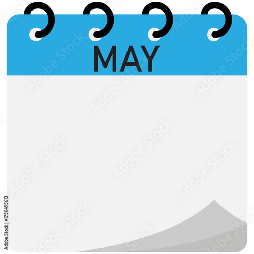 Month calendar | May month on calendar | Modern monthly calendar with free space for text and blue header | Note of month with spiral binding | Flipping calendar page