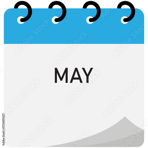 Month calendar | May month on calendar | Modern monthly calendar with free space for text and blue header | Note of month May spiral binding | Flipping calendar page