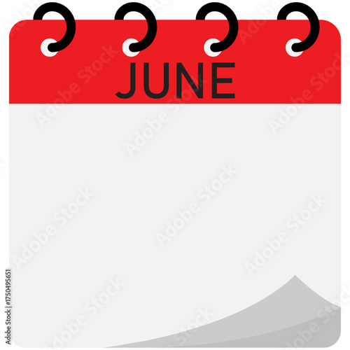 Month calendar | June month on calendar | Modern monthly calendar with free space for text and red header | Note of month with spiral binding | Flipping calendar page