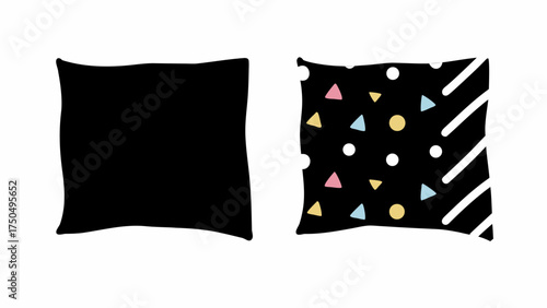Two stylish pillows: one minimalist black, one playful geometric pattern for modern home decor accents
