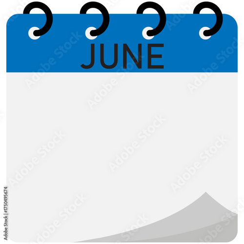 Month calendar | June month on calendar | Modern monthly calendar with free space for text and blue header | Note of month June with spiral binding | Flipping calendar page