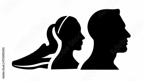 Active lifestyle concept featuring a running shoe, woman and man in profile, health and fitness