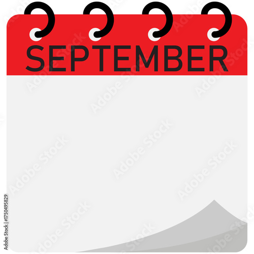 Month calendar | September month on calendar | Modern monthly calendar with free space for text and red header | Note of month with spiral binding | Flipping calendar page
