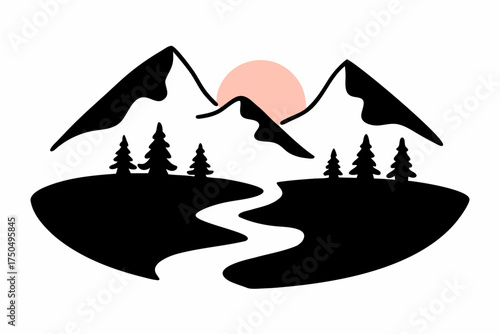 Serene mountain landscape at sunrise with river and trees, ideal for nature lovers and outdoor enthusiasts