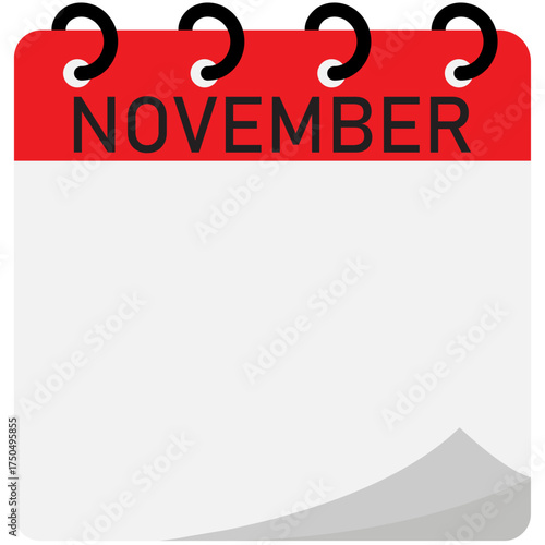 Month calendar | November month on calendar | Modern monthly calendar with free space for text and red header | Note of month with spiral binding | Flipping calendar page
