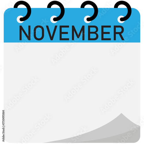 Month calendar | November month on calendar | Modern monthly calendar with free space for text and blue header | Note of month November with spiral binding | Flipping calendar page