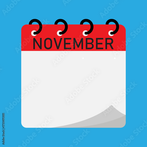 Month calendar | November month on calendar | Modern monthly calendar with free space for text and red header | Note of month November with spiral binding on blue background