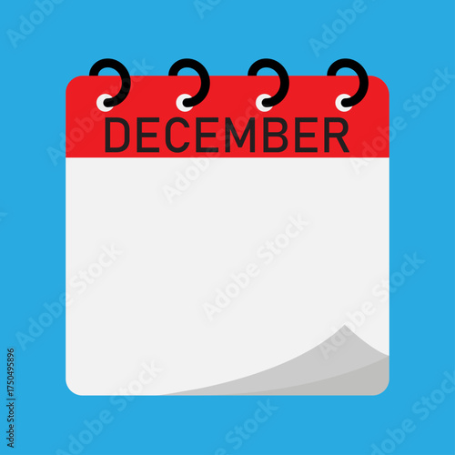 Month calendar | December month on calendar | Modern monthly calendar with free space for text and red header | Note of month December with spiral binding on blue background