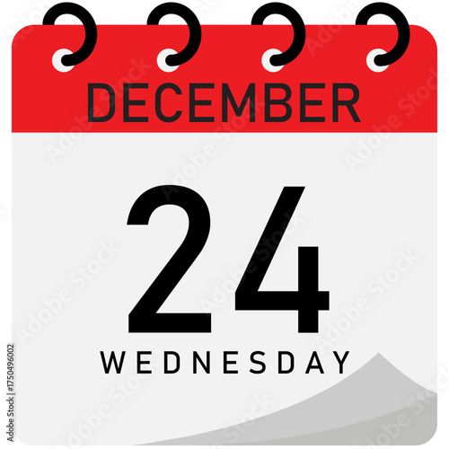 Calendar date 24 December, Wednesday | Isolated vector icon | Red header day calendar with spiral line binding with space for text