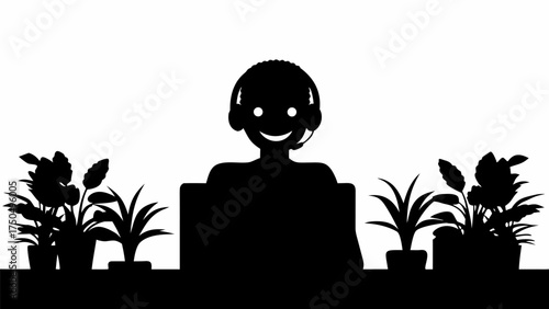 Friendly silhouette of happy customer service agent at desk with plants offering support solutions online now
