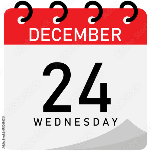 Calendar date 24 December, Wednesday | Isolated vector icon | Red header day calendar with spiral line binding with space for text