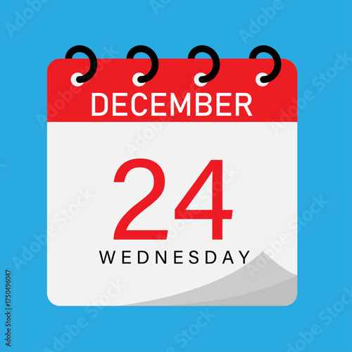 Calendar date 24 December, Wednesday | Isolated vector icon | Red header day calendar with spiral line binding with space for text on blue background