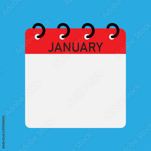 Month calendar | January month on calendar | Modern monthly calendar with free space for text and red header | Note of month January with spiral binding on blue background
