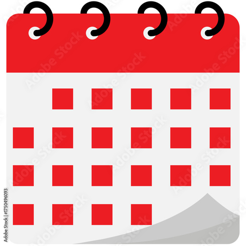Spiral binding calendar symbol | Calendar schedule flat icon for apps and websites | Calendar isolated vector red header icon with square space for day info | Flip model calendar