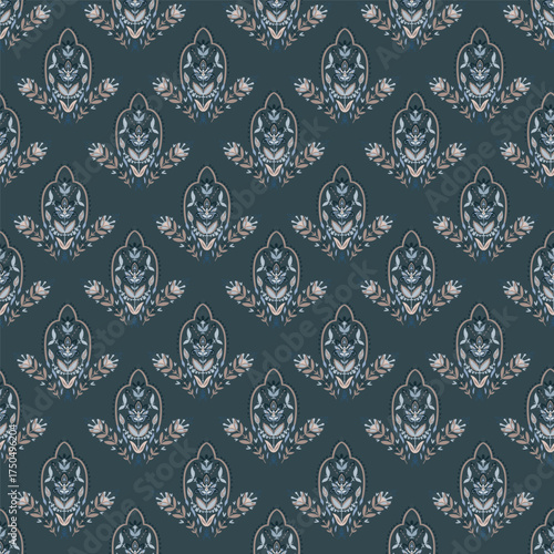 Deep Teal Damask Laurel Medallion