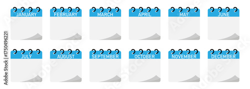 12 month calendar icon set with spiral binding | Blue header flipping page of calendar with white font and space for note