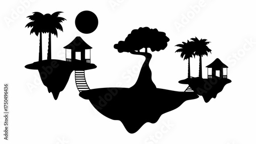 Floating islands with palm trees and structures silhouetted against a bright sky, serene scene