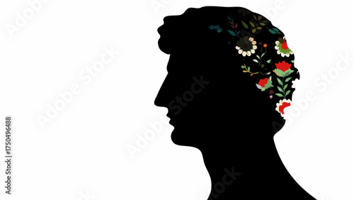 Silhouette of a thoughtful man with floral elements representing ideas and creativity, vector art