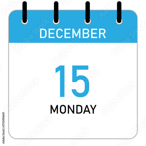 Calendar date 15 December, Monday | Isolated vector icon on blue background | Modern day calendar with straight line binding with space for text