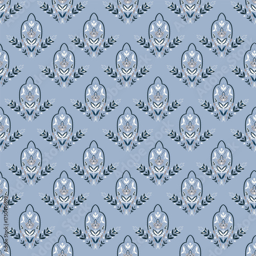 Dusty Blue Damask Laurel Medallion