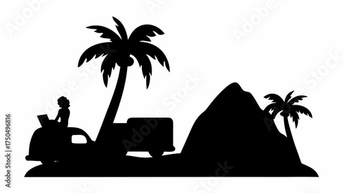 Woman working remotely on laptop by the beach, enjoying travel, freedom, and tropical vibes