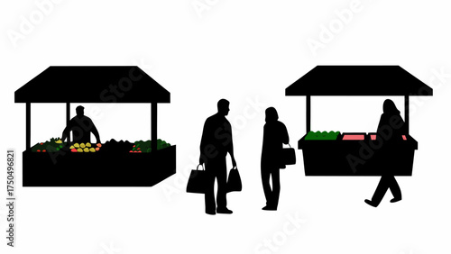 Shoppers browsing fresh produce at farmers market stalls with vibrant fruits and vegetables ready for purchase