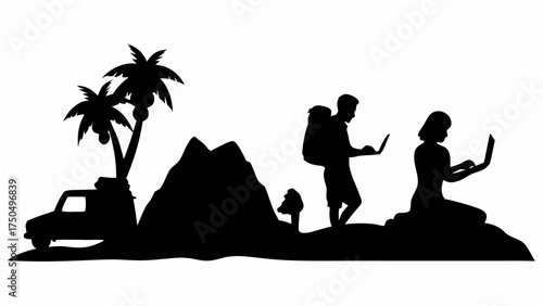Modern travelers working remotely with laptops near tropical palm trees and mountains, silhouette