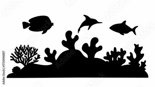Ocean scene with silhouette fish, dolphin, and coral reef for underwater design elements