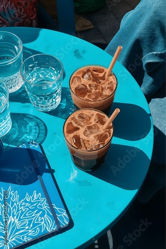 Top view of two iced coffee drinks with glass cups and paper straws on a bright blue table in outdoor café sunlight, creating a modern, refreshing, and summer lifestyle aesthetic composition.