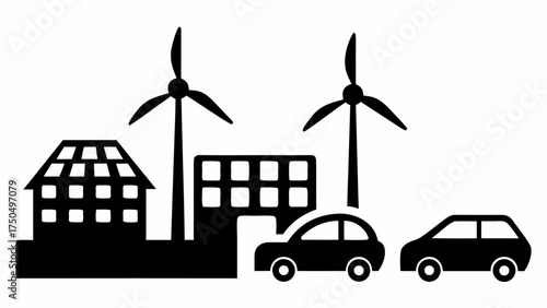 Eco-friendly city with wind turbines and electric cars representing sustainability and green living