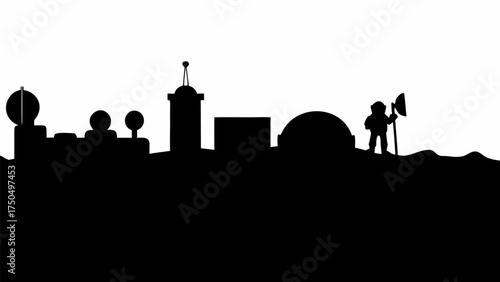 Astronaut explores futuristic city silhouette, symbolizing space travel and scientific discovery for modern designs