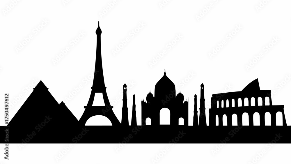 Obraz premium Iconic world landmarks silhouette, perfect for travel blogs, international branding, and global themes