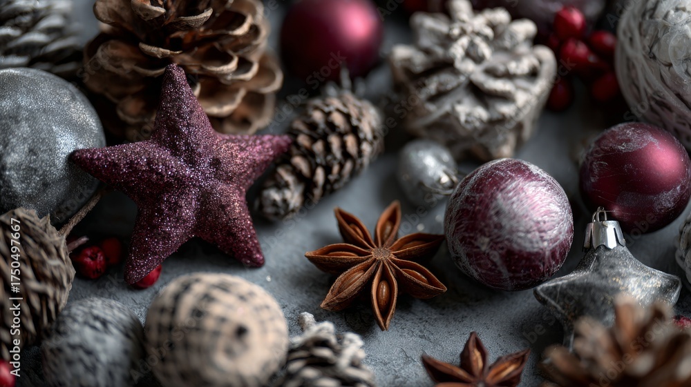 Fototapeta premium Festive christmas decorations with ornaments, pine branches, twinkling lights, and colorful baubles creating a cozy holiday background