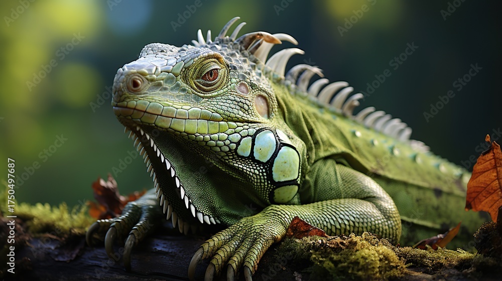 Fototapeta premium A Close-Up Portrait of a Majestic Green Iguana with a Row of Spines Along its Back