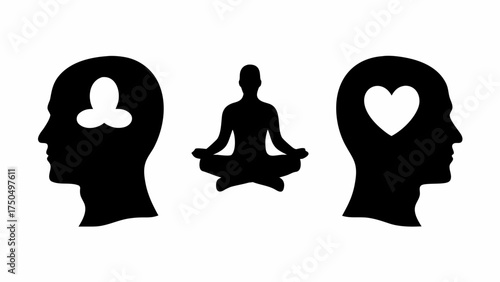 Mindfulness and emotional balance concept with silhouettes of meditating person and heads