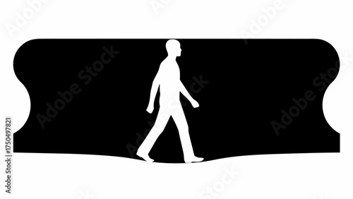 A solitary figure confidently strides forward across a symbolic, abstract black landscape design