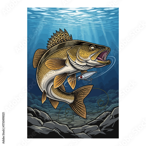walleye fish hunting a lure underwater lake river fishing illustration