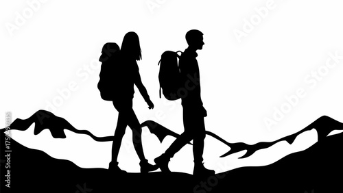 Silhouetted couple hiking scenic mountain trail with backpacks, enjoying adventure and exploring nature