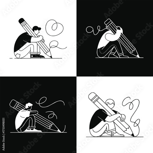 Creative artist sitting with giant pencil drawing abstract line minimal vector concept for design studio or t shirt illustration