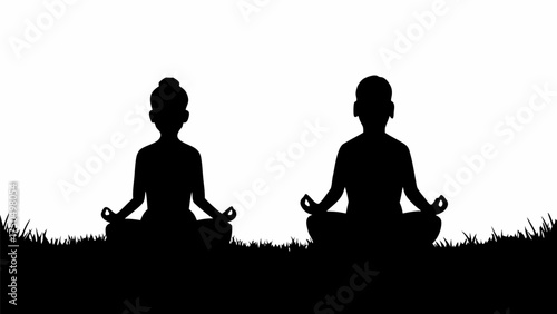 Serene yoga silhouettes meditating in nature, promoting mindfulness, relaxation, and inner peace for wellness