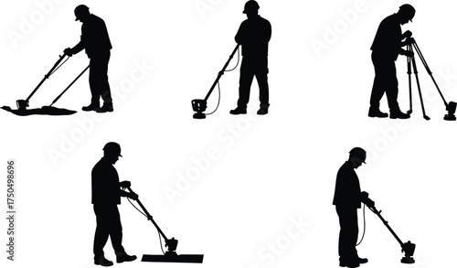 Silhouette workers operating industrial floor cleaning machines, janitors polishing surfaces, commercial maintenance staff using buffer equipment, occupational safety training, hygiene service, 